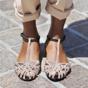 Maurices Trixie T-Strap Flats Shoes Size 10 Beige Cut Out Bejeweled New with Box